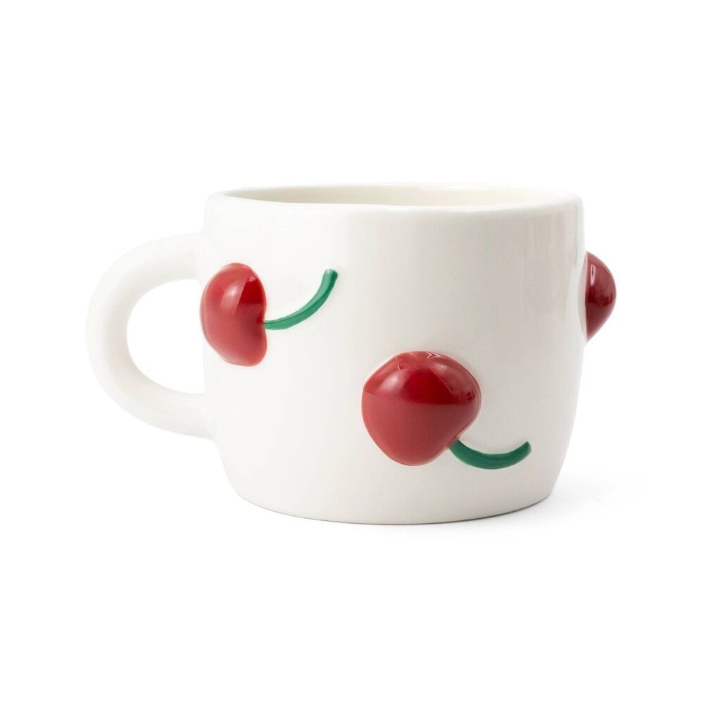 Cherry Mug Ceramic 12.84 oz Raised Cherries White & Red Fast Ship